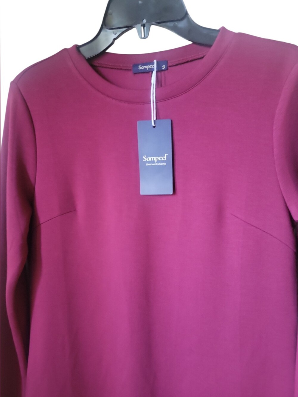 Sampeel Women's Long Sleeve Knit Shift Dress in Burgundy Crew Neckline Tailored - Picture 5 of 7